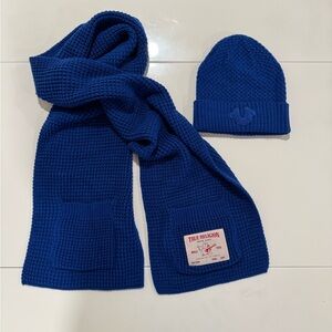True Religion Royal Blue Knit Scarf and Beanie Set